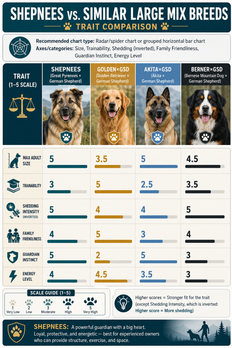 Shepnees vs similar large mix breeds comparison chart showing size, trainability, shedding, family friendliness, and energy.